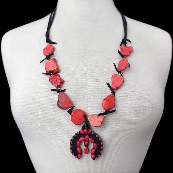 Red Stone Chunky Slice Squash Blossom Long Necklace - Picture 1 of 3